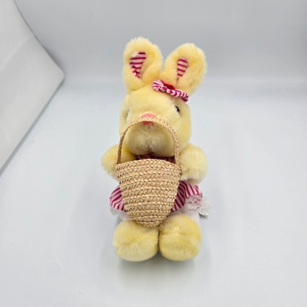 Vintage Yellow Easter Bunny Plush Toy with Basket and Pink Stripe Dress